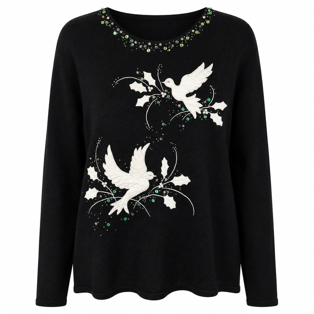 Vintage Coquette Dove Embroidered Sweater Womens Large Holidaycore Grandmacore